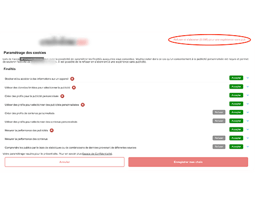 Bannière de consentement où l'on doit payer ou accepter les cookies
